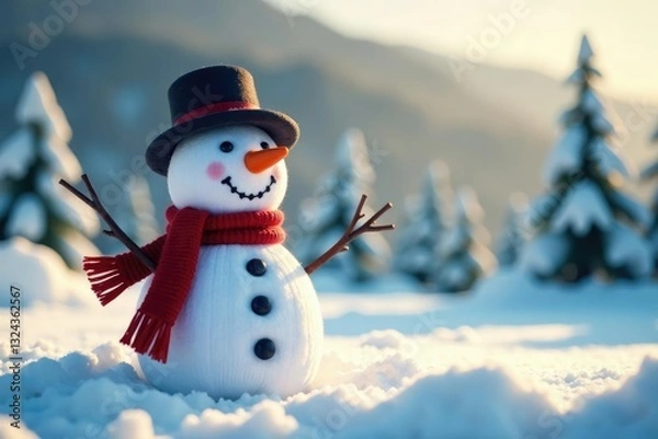 Fototapeta Handmade sock snowman in a snowy landscape with trees, snowman, frozen treetops