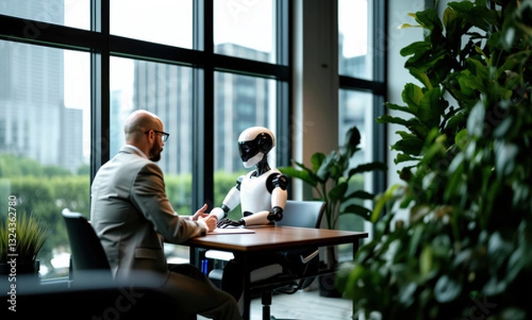 Fototapeta AI and Human Interaction in a Professional Environment, Job Interview Scene