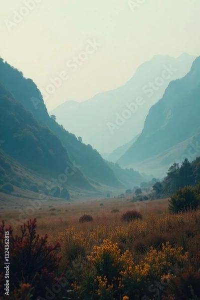 Fototapeta Hazy landscape with blended colors and grainy texture, atmospheric, muted, soft focus