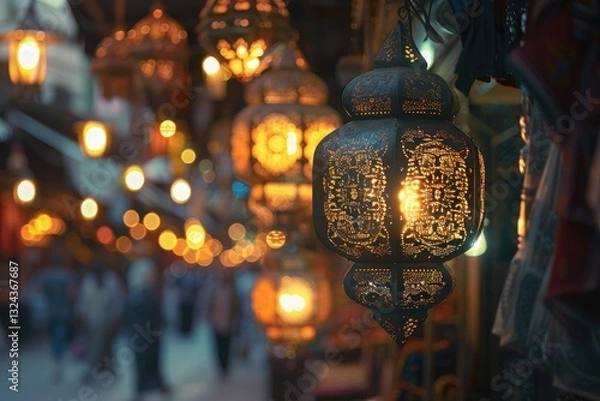 Fototapeta Detailed Color Image of Ornate Lanterns at Eastern Market for Ramadan Background
