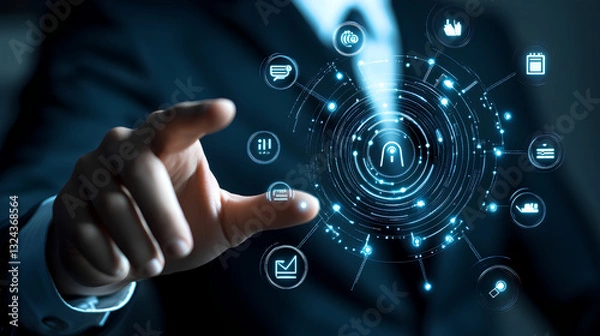 Fototapeta Businessman Interacting with Digital Network and Innovation Icons

