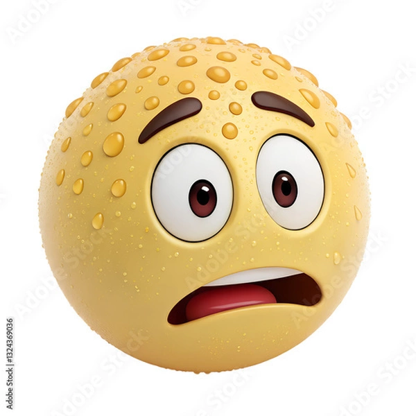 Obraz 3D icon, Nervous Emoticon with Sweating and Fidgeting – A light yellow emoticon with a worried look, small beads of sweat forming on its forehead, and hands fidgeting nervously