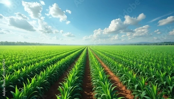 Fototapeta Vast corn plantation with vibrant green plants grows in straight rows under bright sky. Panoramic shot of farmland, rural landscape. Cultivated crop field in springtime day.