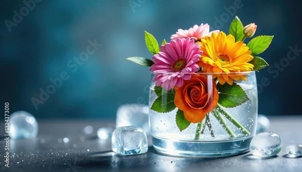 Obraz Colorful floral arrangement in ice cube container with translucent ice and sparkling water drops, droplets, arrangement, glass