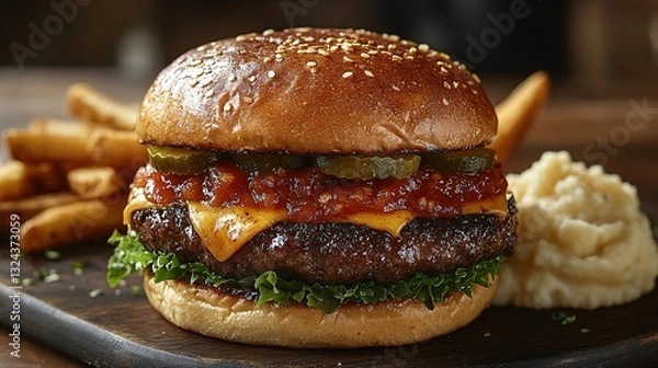 Fototapeta Juicy Cheeseburger with Jalape?os, Kale, and Side Dishes on Wooden Board