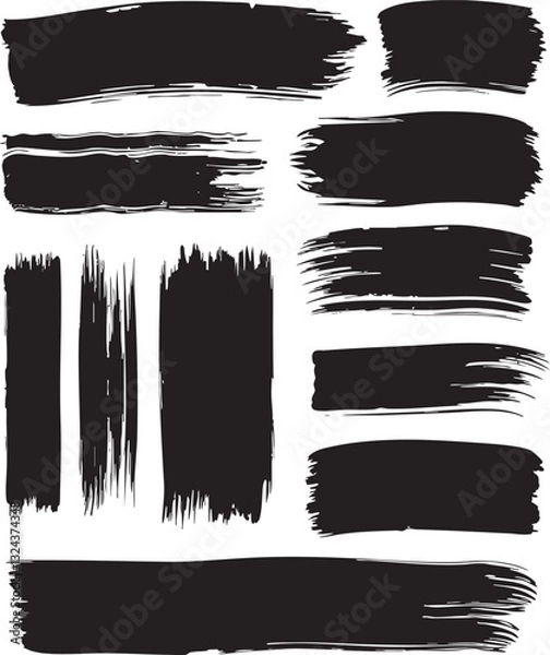 Obraz Paint grunge backgrounds, brushstrokes. Black brush strokes, grunge design elements set isolated on a white background. Black oil paint texture, ink swatch, grungy line art