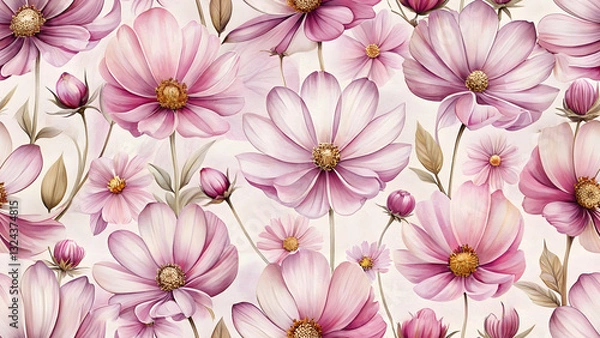 Fototapeta Seamless Pattern Floral Fantasy: A close-up view of a multitude of pink cosmos flowers blossoms in full bloom, arranged in a seamless pattern, conveying the essence of nature's delicate beauty. 