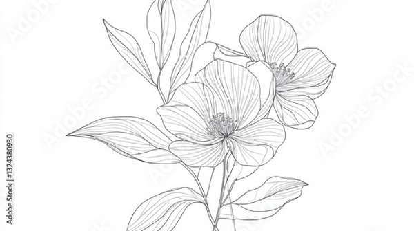 Obraz Botanical arts. Hand drawn continuous line drawing of abstract flower, floral, rose, tropical leaves, spring and autumn leaf, bouquet of olives. Vector illustration.