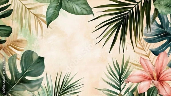 Fototapeta Tropical foliage art background vector.Digital print design with palm, floral and leaves with watercolor brush texture. Canvas art for wallpaper, wall arts, prints, fabric, pattern and packaging.