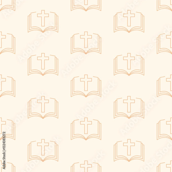 Fototapeta Minimalist vector seamless pattern with cross and bible. Beige religious background with linear elements