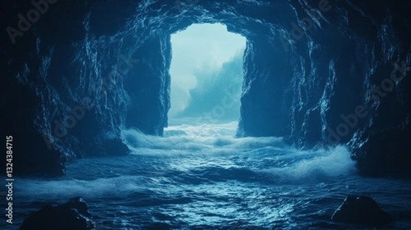 Fototapeta A blue cave with a small opening in the wall