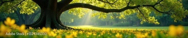 Fototapeta Yellow Cassia Fistula flowers scattered on the ground under a sprawling Ratchapruek tree, yellow, nature, cassia