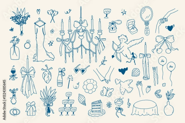 Fototapeta Set of line art wedding icon isolated. Whimsical coquette trendy hand drawn valentine doodle sketch. Vintage amore angel quirky bow, party menu, dinner card. Vector outline illustration