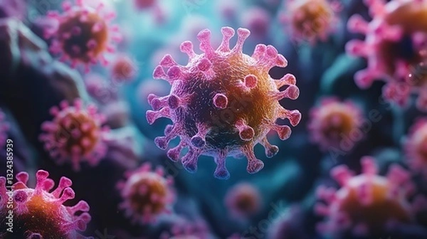 Fototapeta Colorful virus particles represent monkeypox in a dynamic environment, a vibrant depiction for public health context.