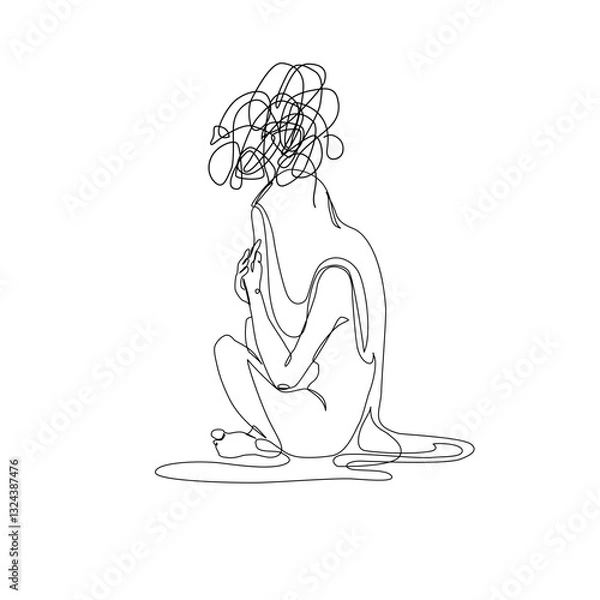 Fototapeta Unhappy woman feeling lonely, sad, Abstract depressed young girl silhouette suffering from anxiety. Mental health problem concept. Minimal one line drawing art. Continuous line vector illustration