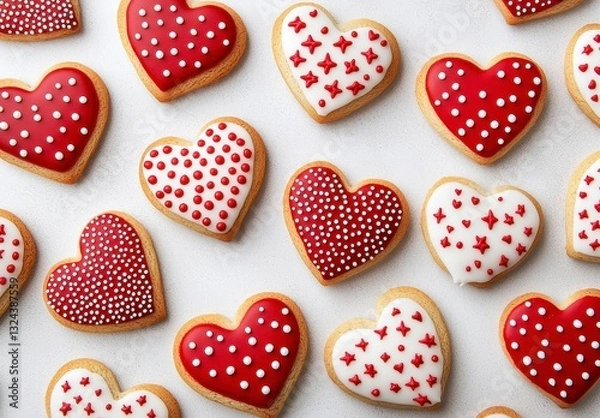 Fototapeta Red and White Sprinkled Heart Cookies on Gray Background