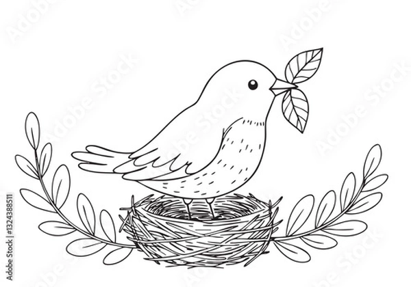 Fototapeta  Bird Catching Two Leaves with Its Beak – A Moment of Nature's Grace