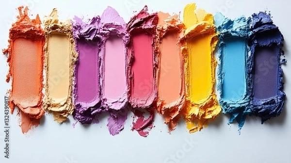 Fototapeta Cosmetic product smears, swatches, and textures form a rainbow gradient on white, creating an abstract, artistic composition.