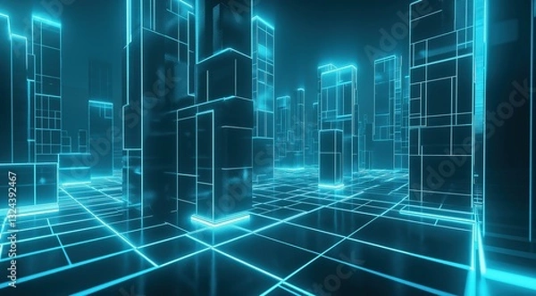 Fototapeta Futuristic Digital Cityscape with Glowing Blue Neon Grid. Abstract Concept for Cyber Technology and Web Design