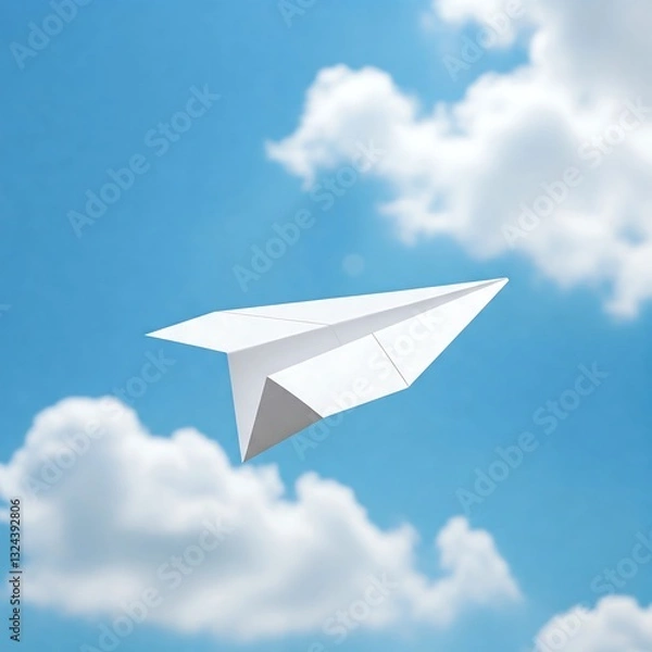 Fototapeta White paper airplane glides effortlessly through a vibrant blue sky dotted with fluffy white clouds a scene of freedom and hopeful journey