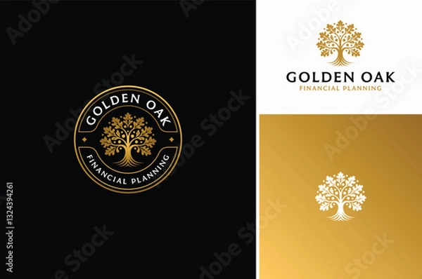 Obraz Artistic Golden Oak Tree Emblem Badge for Luxury Elegant Company Business Logo design