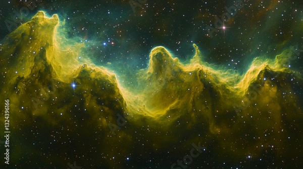 Fototapeta A newborn star emitting a glowing light, surrounded by swirling cosmic dust and gas in the deep space with an astronomical formation concept.