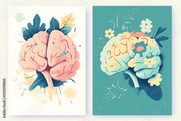 Fototapeta Two artistic brain illustrations with pastel colors and abstract elements symbolizing cognitive function and mental processes for a conceptual design