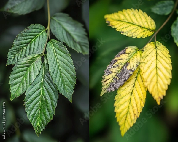 Fototapeta Side-by-Side Comparison of Healthy Green Leaves and Damaged Yellow Leaves with Disease
