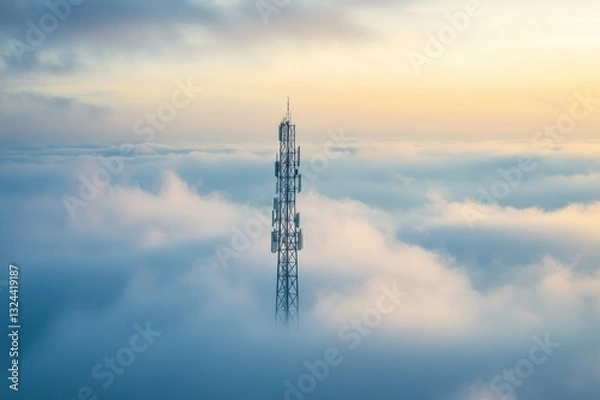 Fototapeta Tower Surrounded by Clouds at Sunrise with Soft Light and Atmospheric Perspective