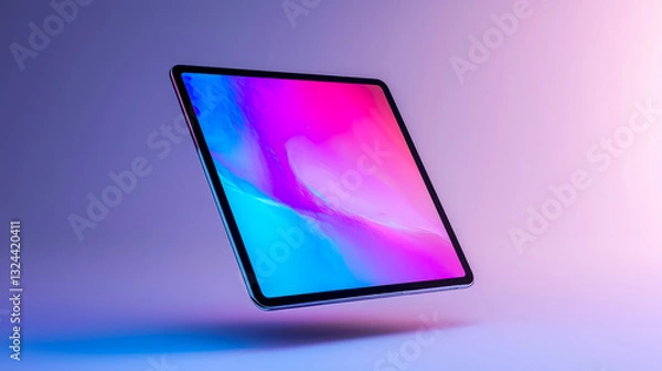 Fototapeta Futuristic floating tablet with a sleek glass display, illuminated by vibrant neon gradients. A concept of next-gen technology featuring touchless interaction and minimalistic, modern aesthetics.