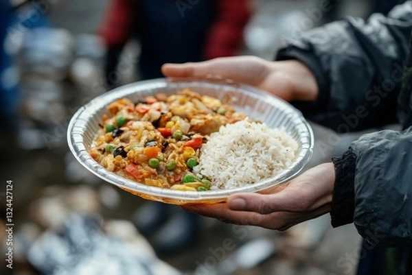 Obraz a person holding a plate of food, likely for donation, with rice and other food items.