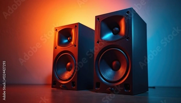 Fototapeta Two black audio speakers with shiny finish, lit by warm orange, cool blue light create vibrant scene. Powerful sound, music listening, home entertainment system concept.