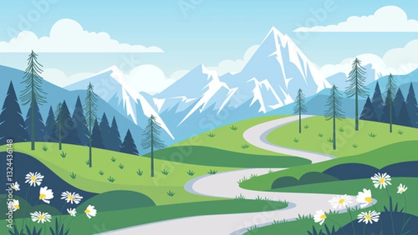 Fototapeta Beautiful road to the mountains vector landscape illustration. Stunning mountain landscape with green meadows, trees, forest, flowers and path. Hiking and traveling concept in the mountains.