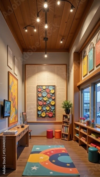 Fototapeta Bright, colorful interior showcases creative music children's room, featuring cheerful decor, interactive elements, and vibrant artwork. Concept emphasizes imaginative play design for children.