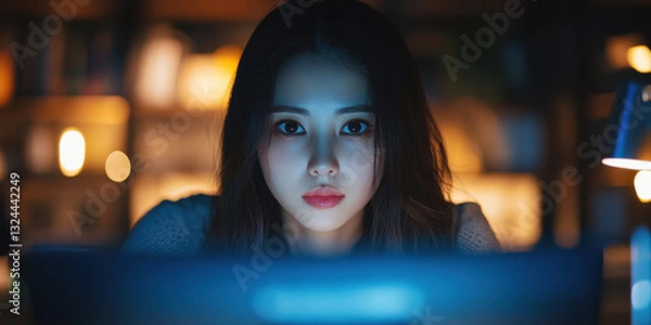 Fototapeta Focused young woman working late night on computer home office digital content creation cozy environment close-up view