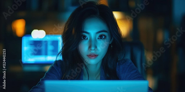 Fototapeta Late night coding session home office digital portrait dark environment close-up view tech-savvy concept