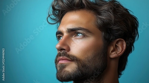 Fototapeta A minimalist light blue background highlights a detailed image of a man's ear, emphasizing hearing health and auditory perception.