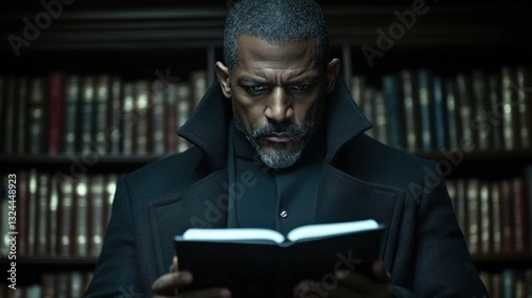 Fototapeta A man is reading a book in a library. He is wearing a black coat and a black shirt