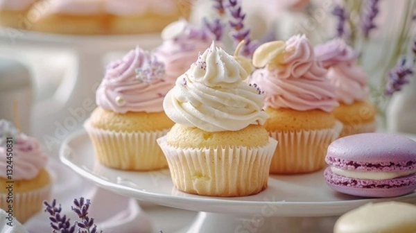 Fototapeta A charming bakery displays pastel cupcakes, lavender macarons, and peach cakes, creating a warm and sugary delight for dessert lovers