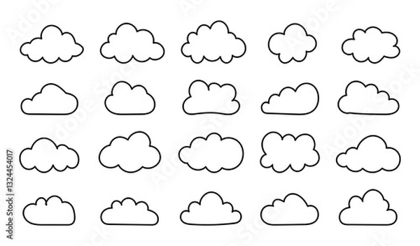 Fototapeta Doodle fluffy clouds. Flat outline clouds. Puffy, cumulus clouds shapes. Cloudy forms simple mockups. Weather element minimalist templates. Objects cloudscape layouts. Hand drawn black cute icons.
