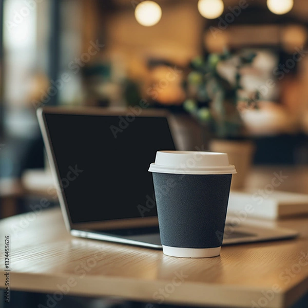 Fototapeta A laptop and coffee cup on a coworking office table
