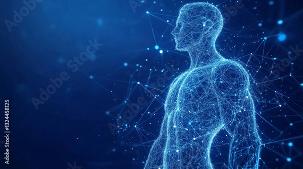 Fototapeta Abstract isolated human body on blue background. Polygonal top of body of adult man with polygons, particles, lines and connected dots. Medicine and healthy life digital concept. Low poly wireframe.