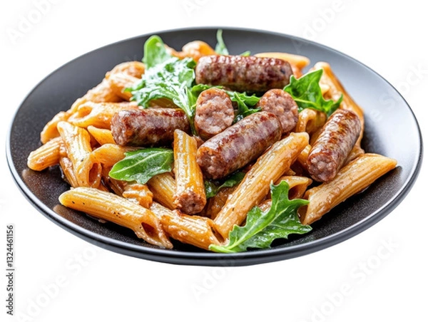 Fototapeta Plate of pasta with savory sausage and rich tomato sauce garnished with fresh herbs on a rustic table setting isolated on a white background.