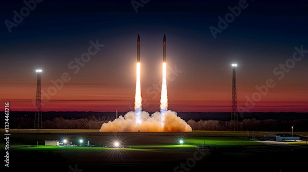Fototapeta Two rockets ascending into the early twilight sky