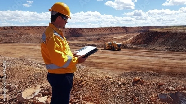 Fototapeta Mining engineer reviewing plans at an open-pit mine.
