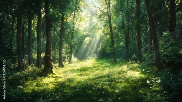 Fototapeta A forest with a path in the middle. The sun is shining through the trees, creating a warm and peaceful atmosphere