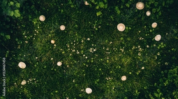 Fototapeta Overhead view of small white mushrooms scattered on a lush green grass lawn with tiny white flowers.