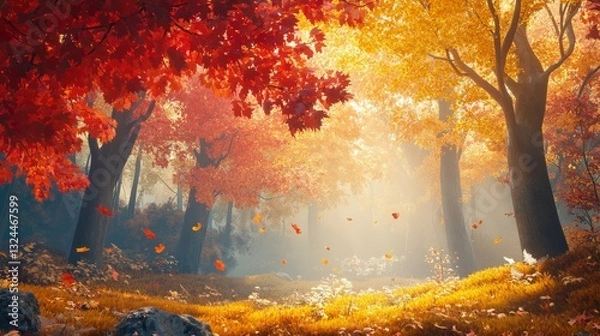 Fototapeta Vibrant autumn forest with golden red leaves reflecting the beauty of nature in peaceful tranquility