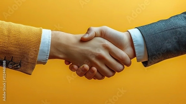 Fototapeta Business agreement, partnership, and real estate deal are represented by a close up of handshake between two people against a yellow background.