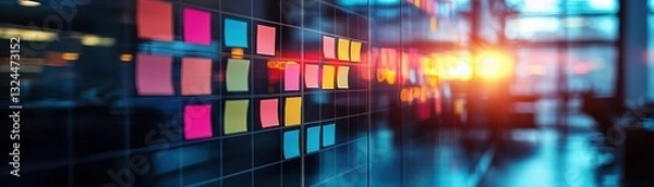 Fototapeta Colorful Sticky Notes on Glass Wall in Modern Office Setting